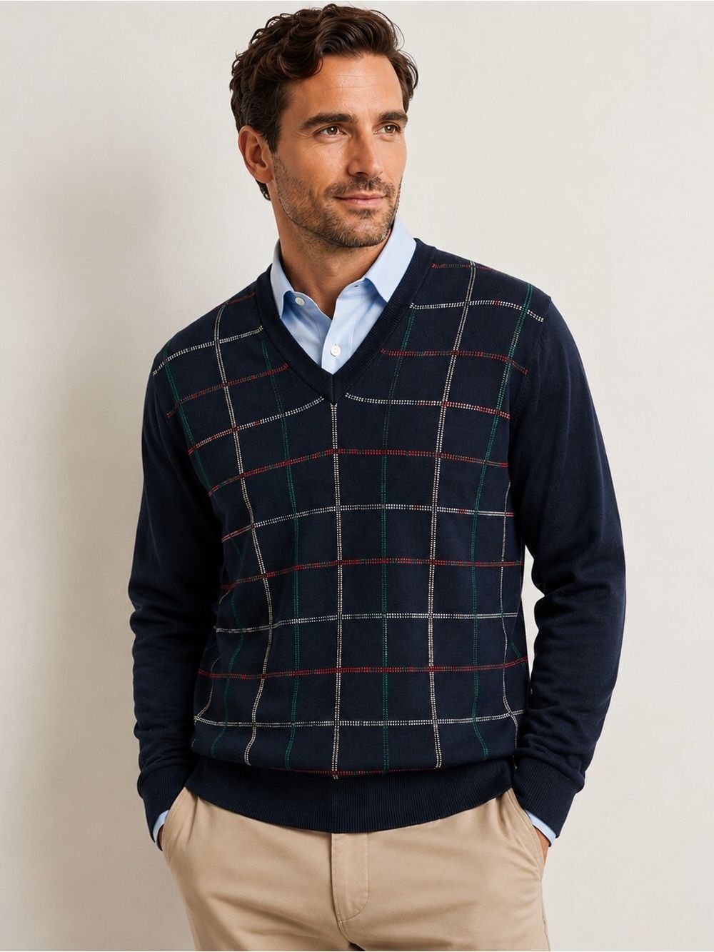 Vtg 90s Brooks Brothers St. Andrews Links Silk Cotton Windowpane V-Neck Sweater